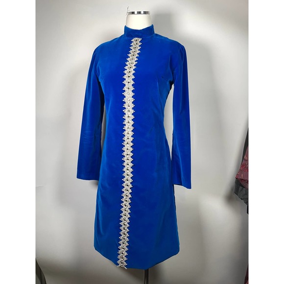 Vintage Dresses & Skirts - Vintage Royal Blue Velvet Embellished Dress Sz S